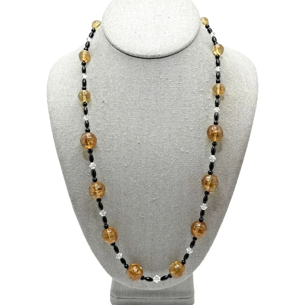 Lampwork Glass Bead Necklace Amber Black Crystal 925 Sterling Silver Clasp 26